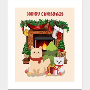 Brown and white cats celebrate Christmas eve Posters and Art